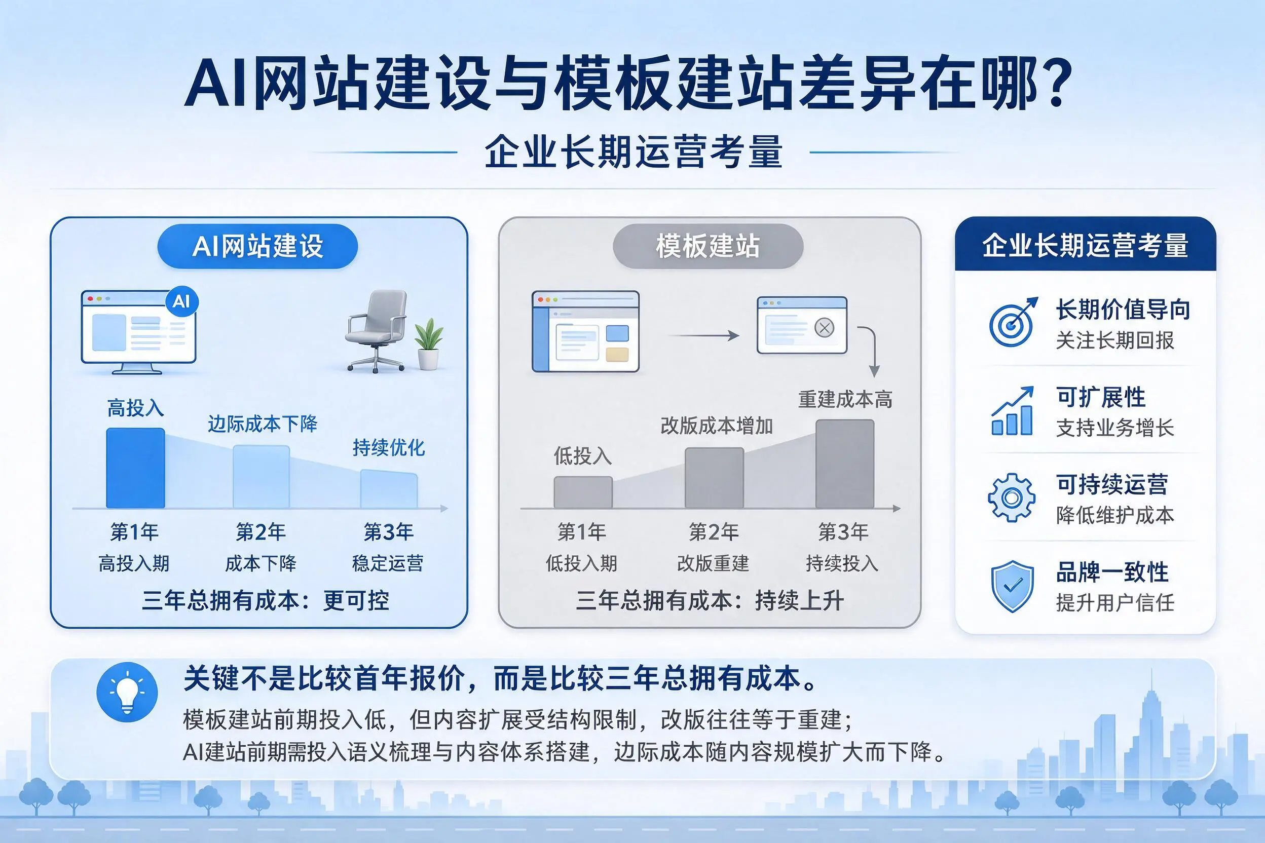 AI网站建设与模板建站差异在哪？通辽企业长期运营考量